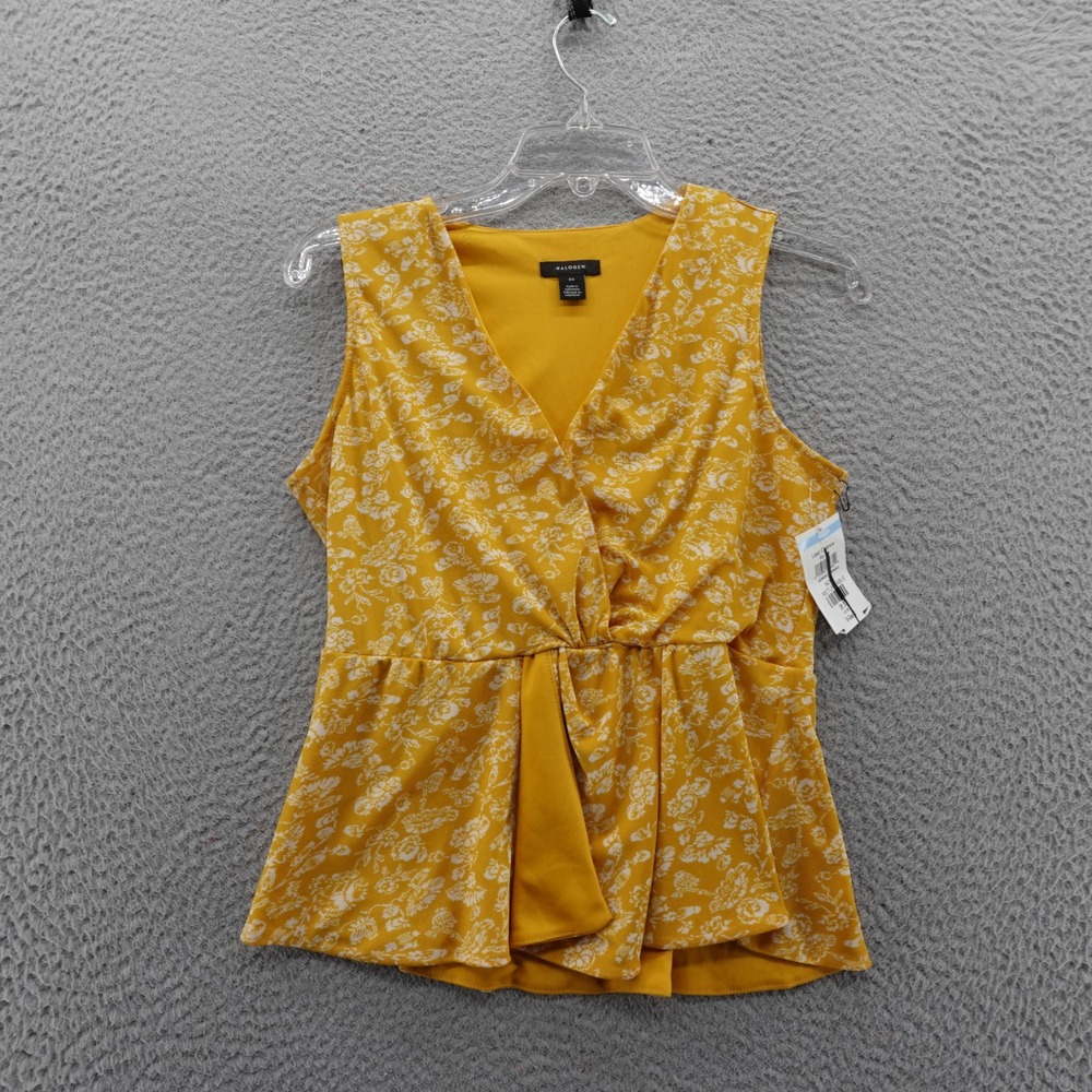 Halogen Womens‎ Mustard Yellow Floral Wrap Peplum Top Sleeveless XS NEW